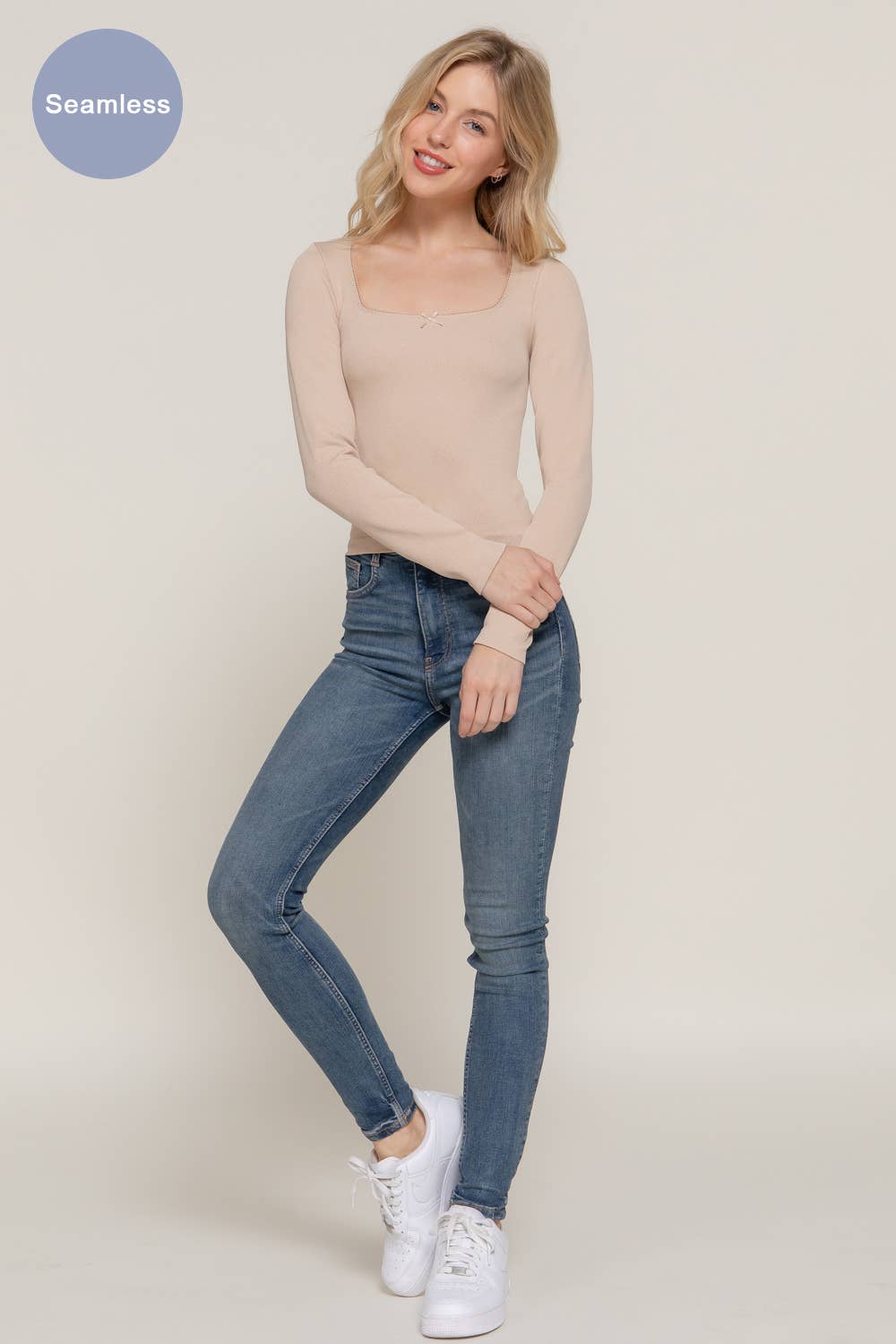 Long Sleeve Wide Round Neck with Bow Seamless Top