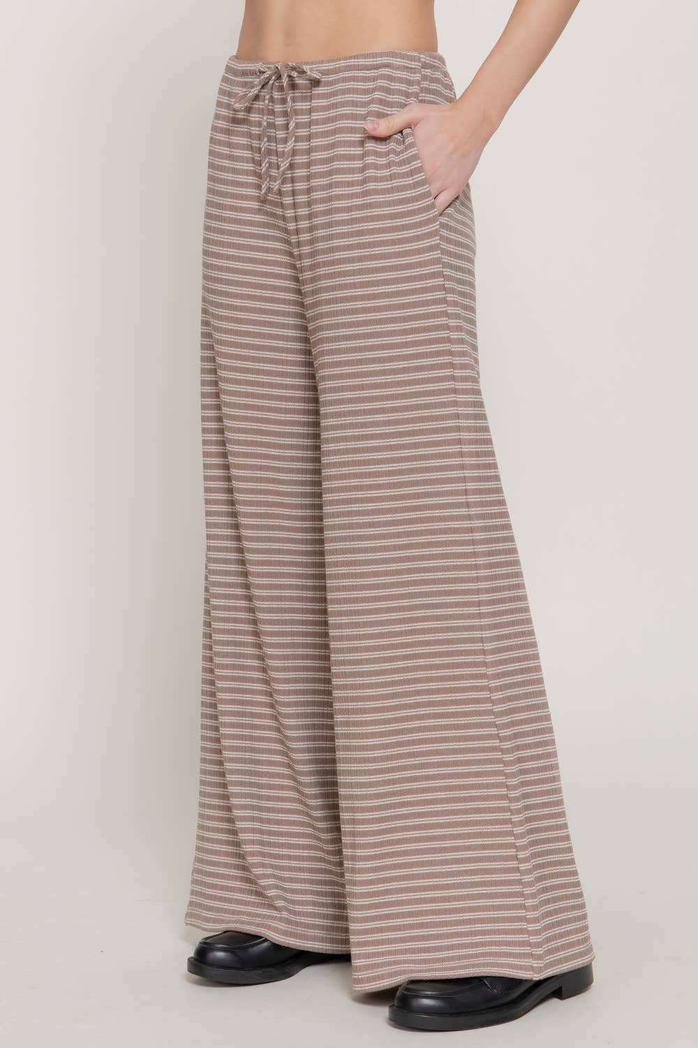 Elastic Waist Stripe Varigated Rib Long Pants