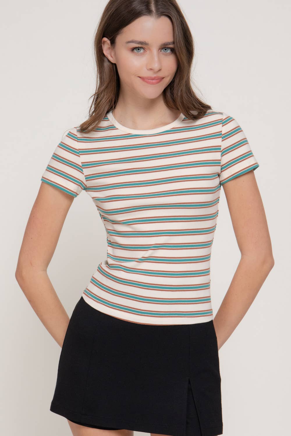 Short Sleeve Multi-Striped 1X1 RIB TOP