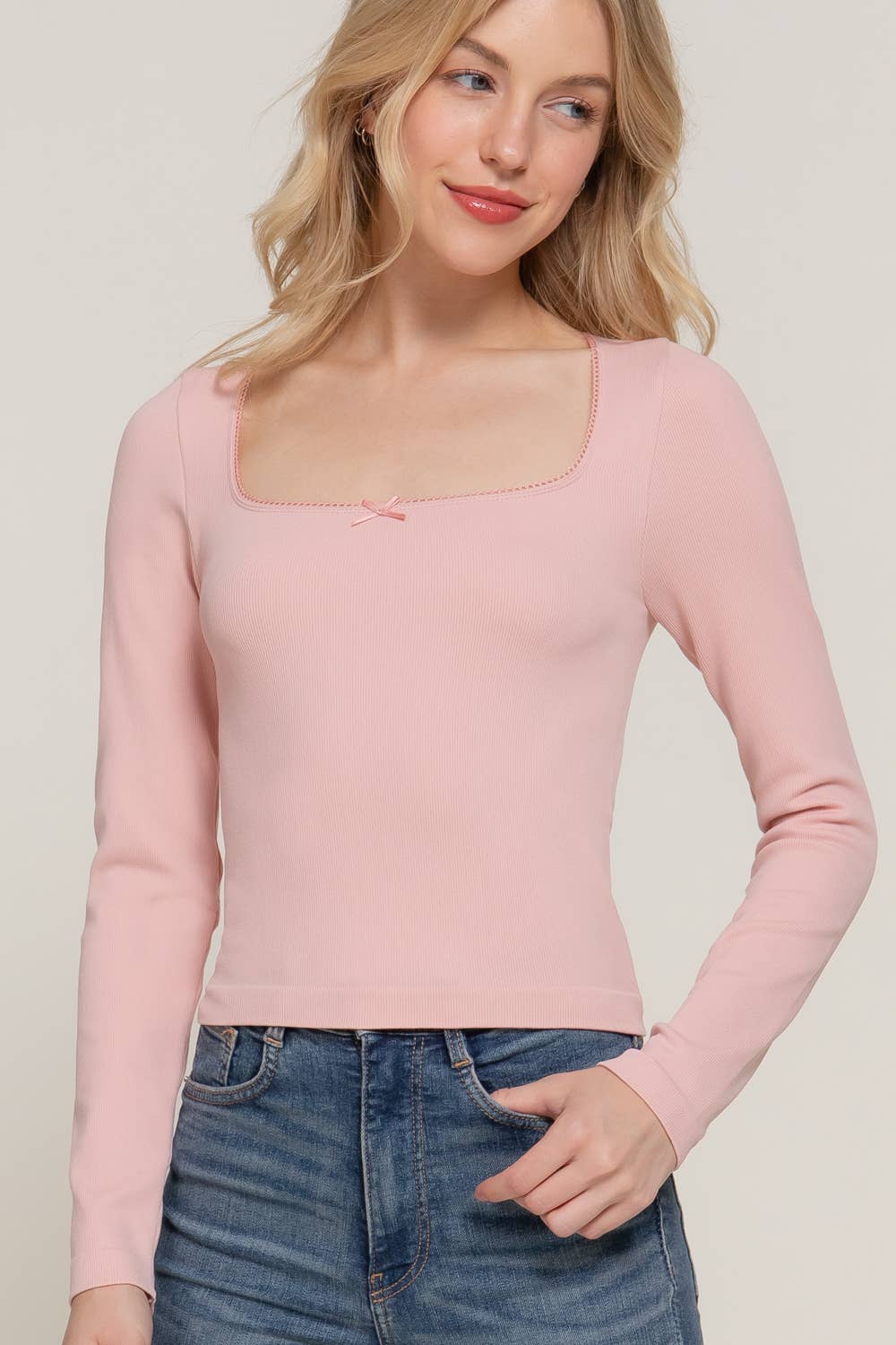 Long Sleeve Wide Round Neck with Bow Seamless Top