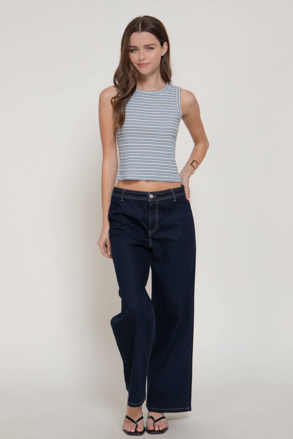 Sleeveless Crew Neck Strip Texture Knit Top