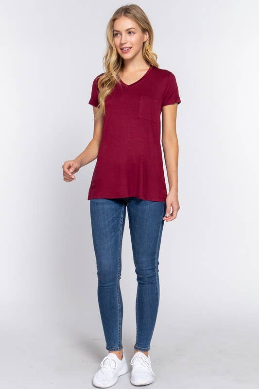 Short Sleeve V-neck Top with Pocket