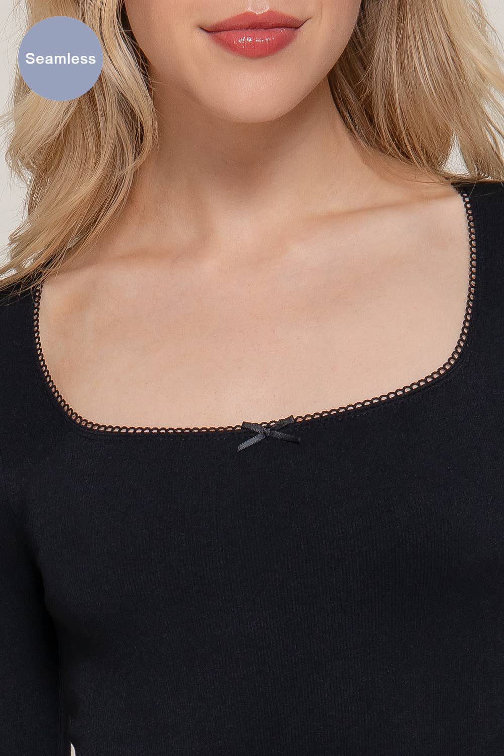Long Sleeve Wide Round Neck with Bow Seamless Top