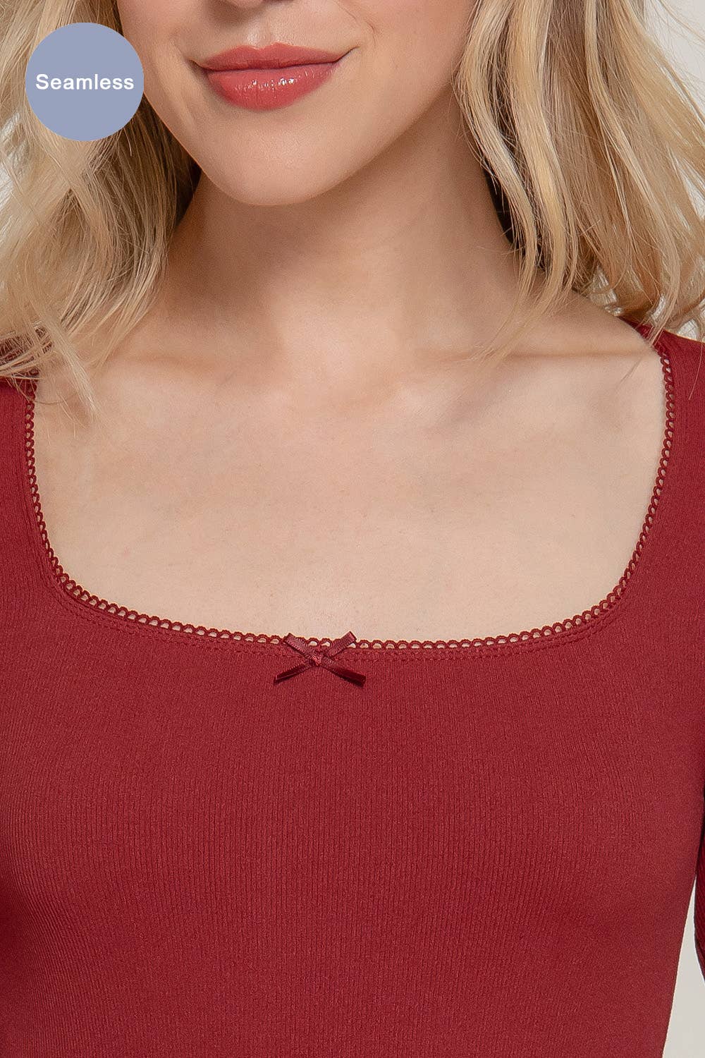 Long Sleeve Wide Round Neck with Bow Seamless Top