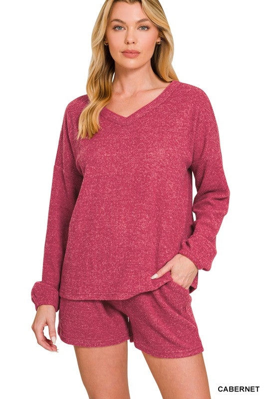 Brushed Ribbed Hacci V-neck Tee & Shorts Set