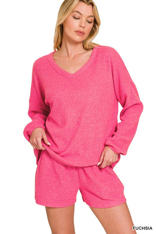 Brushed Ribbed Hacci V-neck Tee & Shorts Set