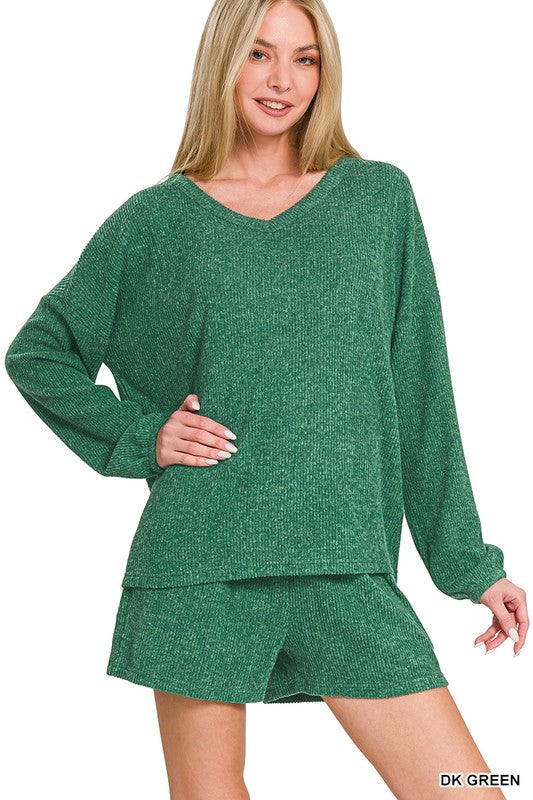 Brushed Ribbed Hacci V-neck Tee & Shorts Set