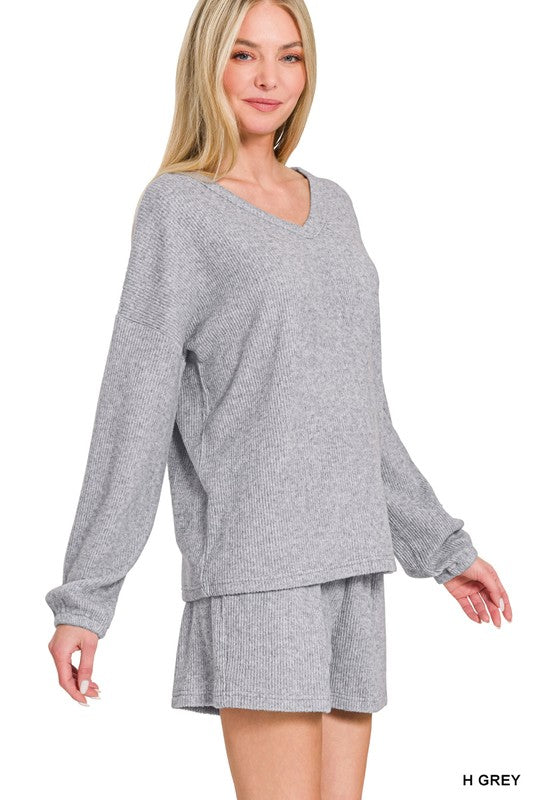 Brushed Ribbed Hacci V-neck Tee & Shorts Set