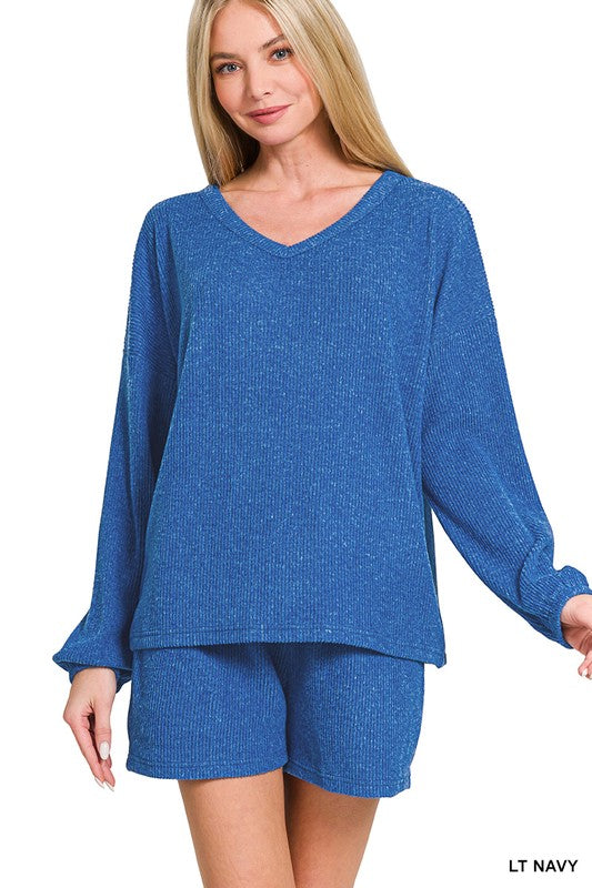 Brushed Ribbed Hacci V-neck Tee & Shorts Set