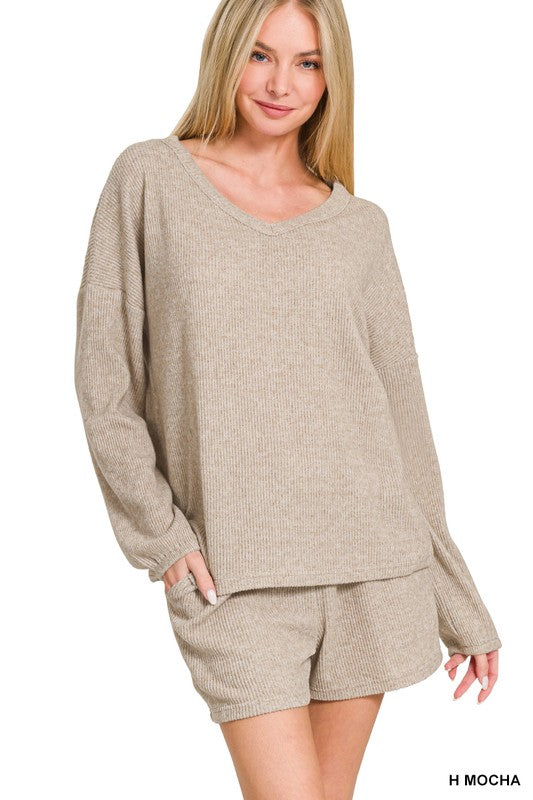 Brushed Ribbed Hacci V-neck Tee & Shorts Set