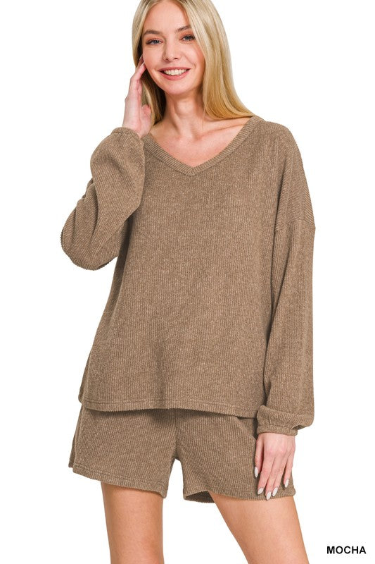 Brushed Ribbed Hacci V-neck Tee & Shorts Set