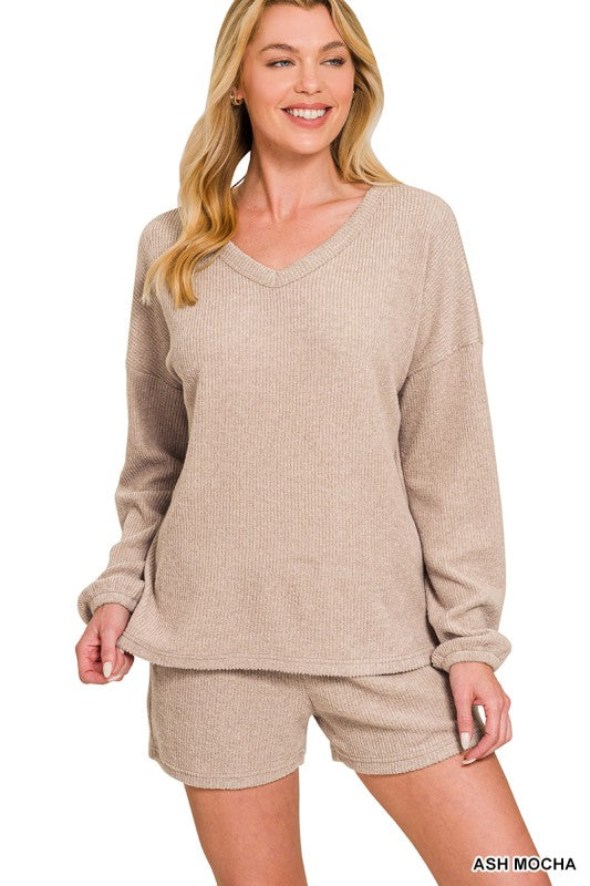 Brushed Ribbed Hacci V-neck Tee & Shorts Set