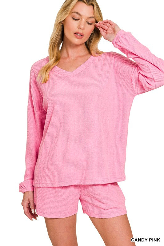 Brushed Ribbed Hacci V-neck Tee & Shorts Set