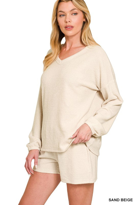 Brushed Ribbed Hacci V-neck Tee & Shorts Set