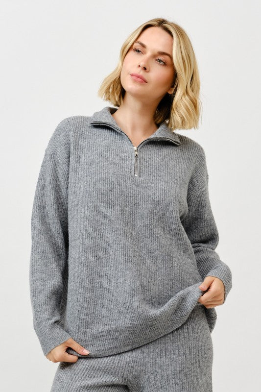 Zip Up Pullover Sweater and Wide Pants Set