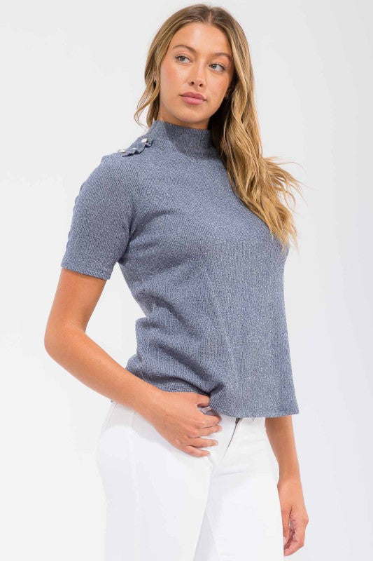 Cozy Pearl Shoulder Buttons Mockneck