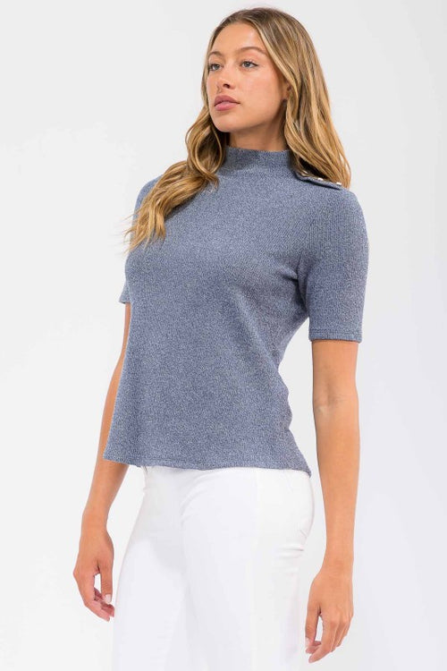 Cozy Pearl Shoulder Buttons Mockneck