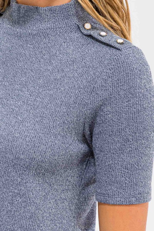 Cozy Pearl Shoulder Buttons Mockneck