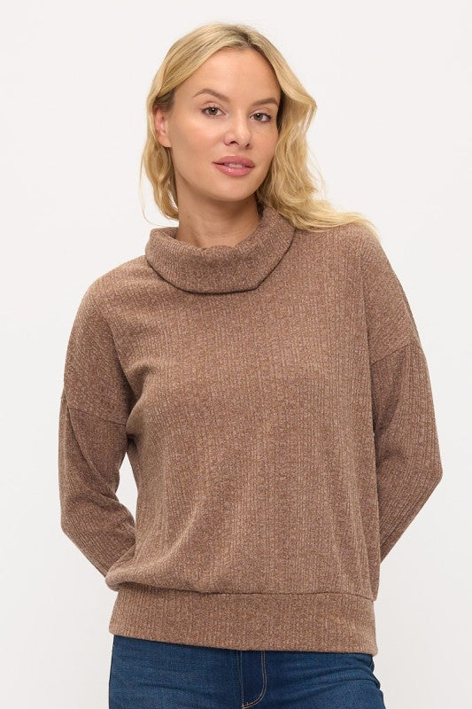Cozy Rib Banded Hem Cowl Neck