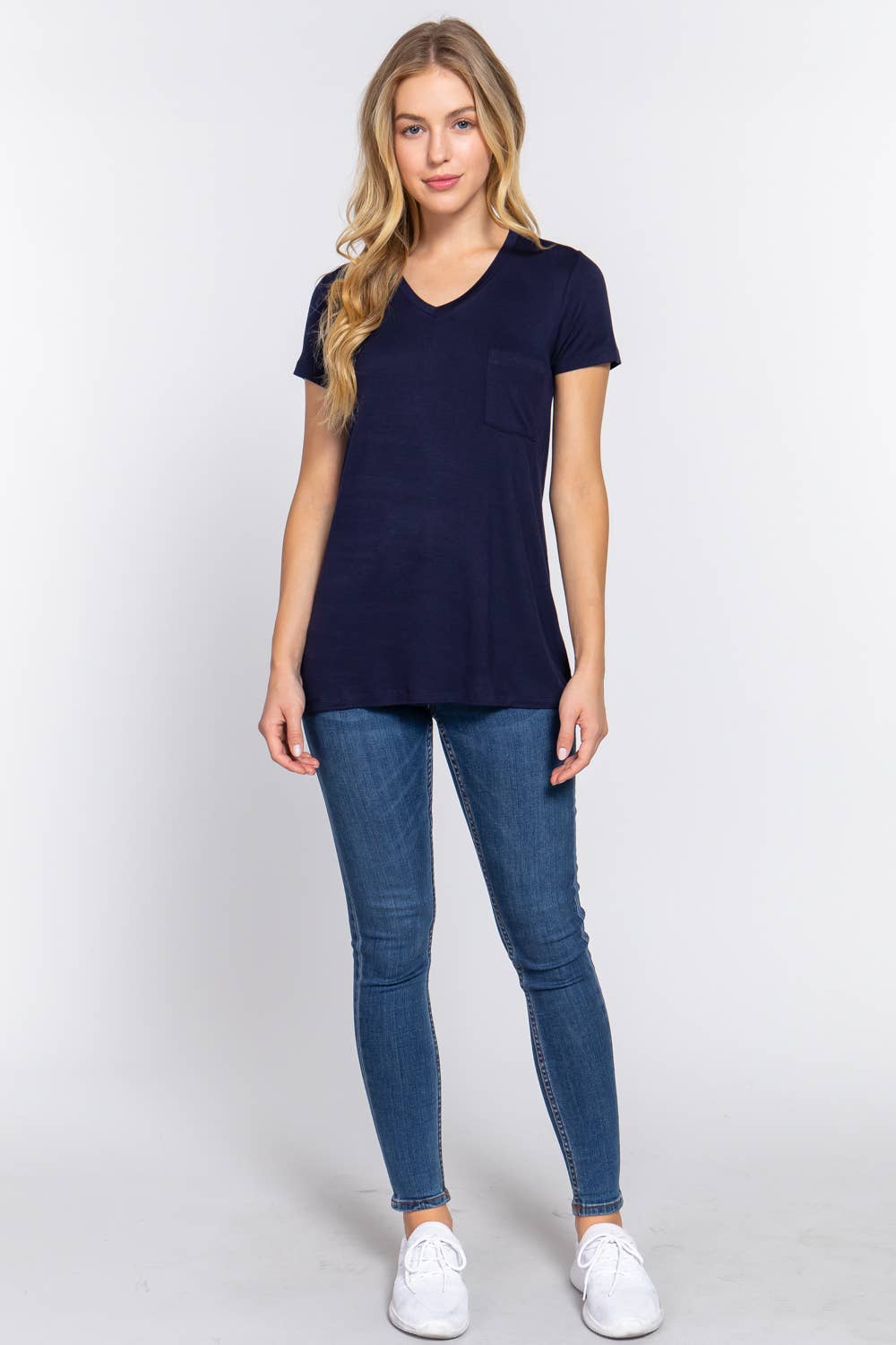 Short Sleeve V-neck Top with Pocket