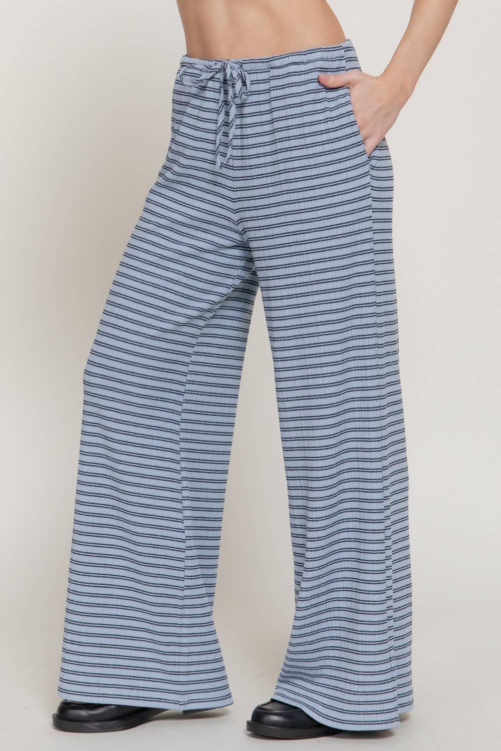 Elastic Waist Stripe Varigated Rib Long Pants