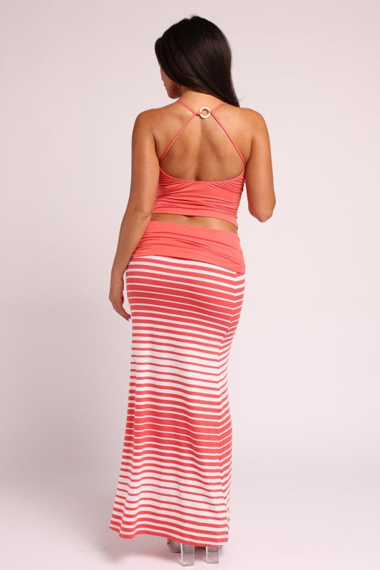 Striped Maxi Skirt Set with O-Ring Back Detail