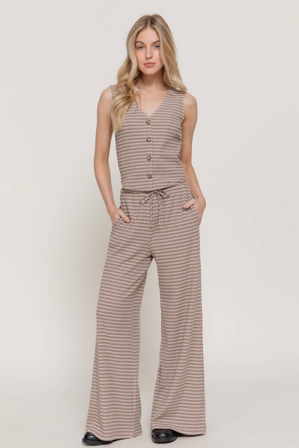 Elastic Waist Stripe Varigated Rib Long Pants