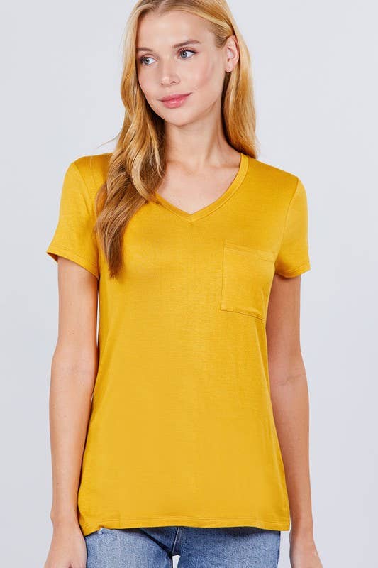 Short Sleeve V-neck Top with Pocket