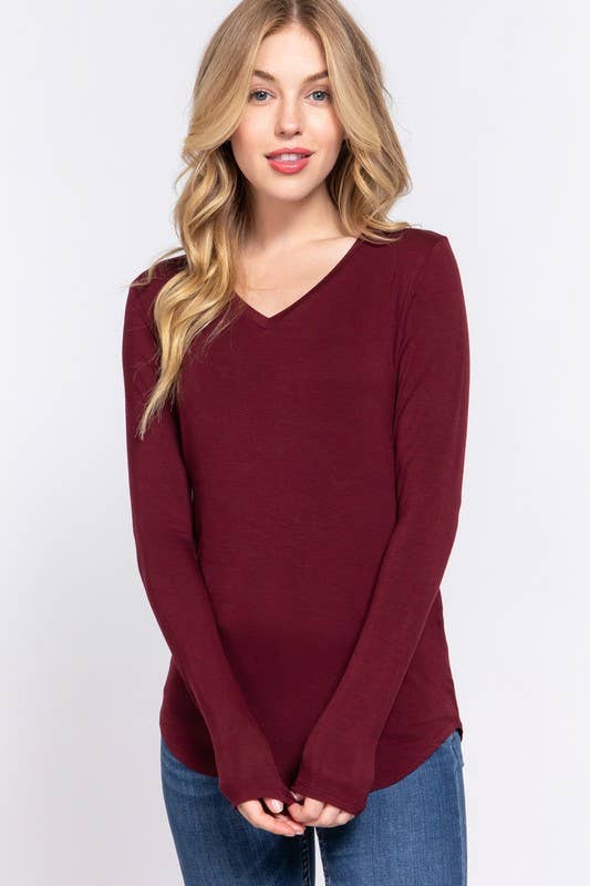 Long Sleeve V-neck Rayon Spandex Jersey Top