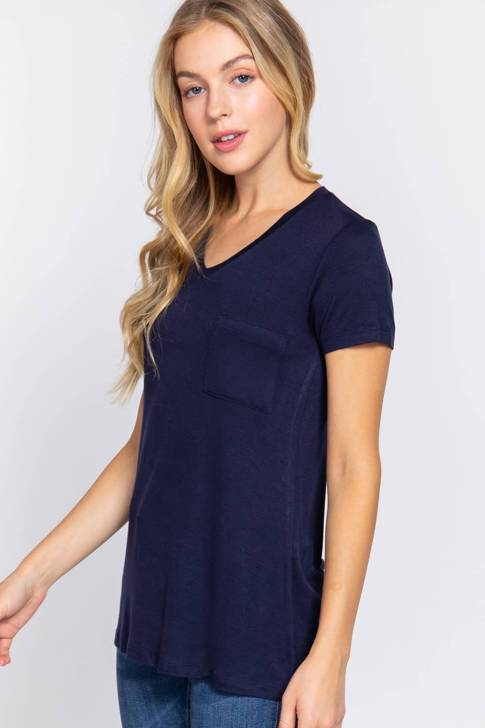 Short Sleeve V-neck Top with Pocket