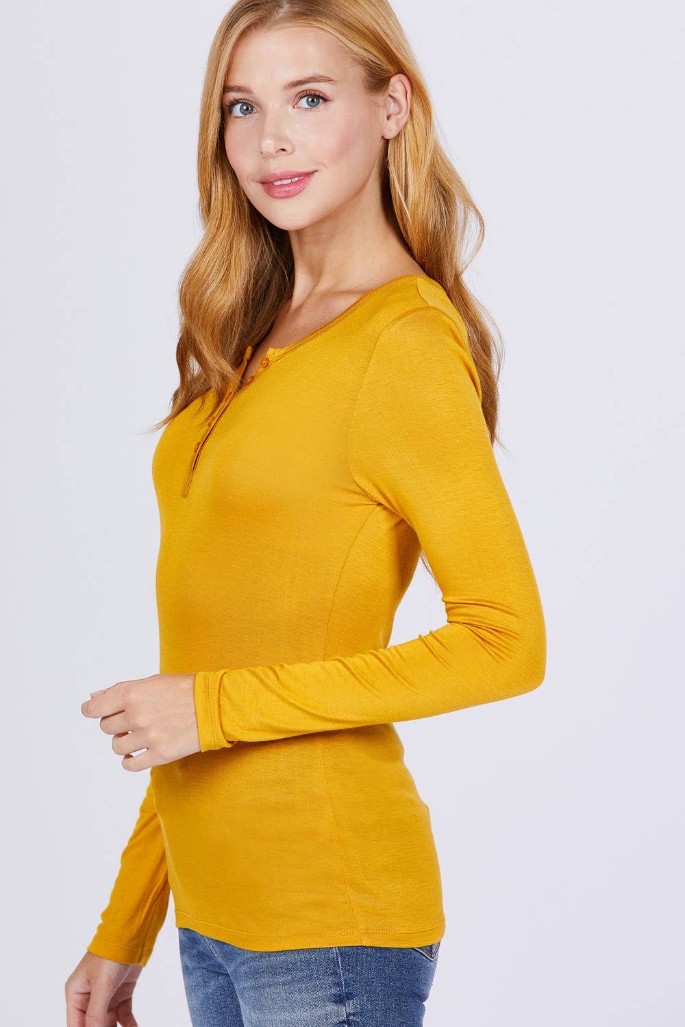 Long Sleeve Button Placket Rayon Spandex Jersey Top