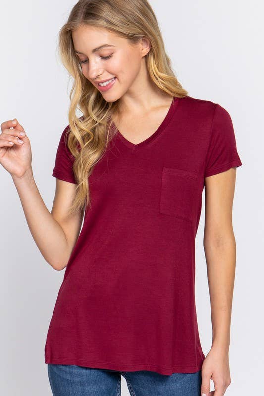 Short Sleeve V-neck Top with Pocket