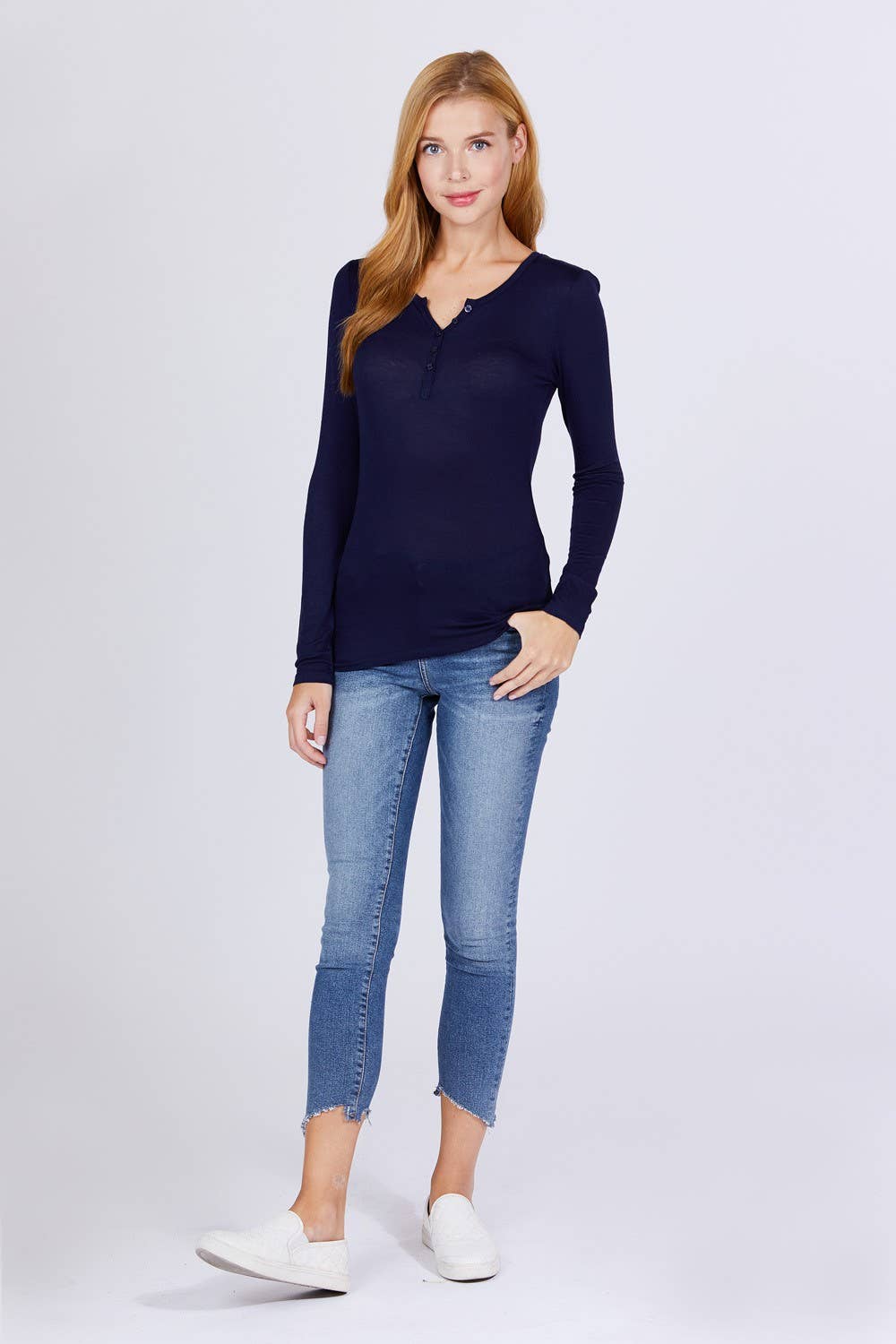 Long Sleeve Button Placket Rayon Spandex Jersey Top