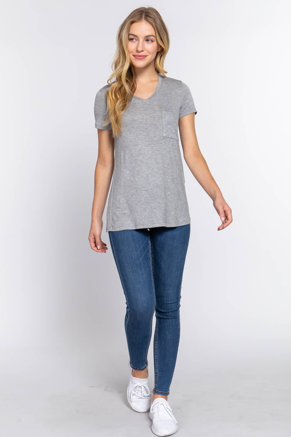 Short Sleeve V-neck Top with Pocket
