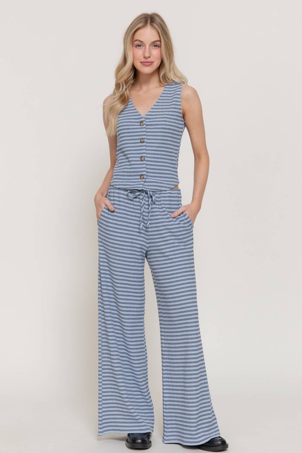 Elastic Waist Stripe Varigated Rib Long Pants
