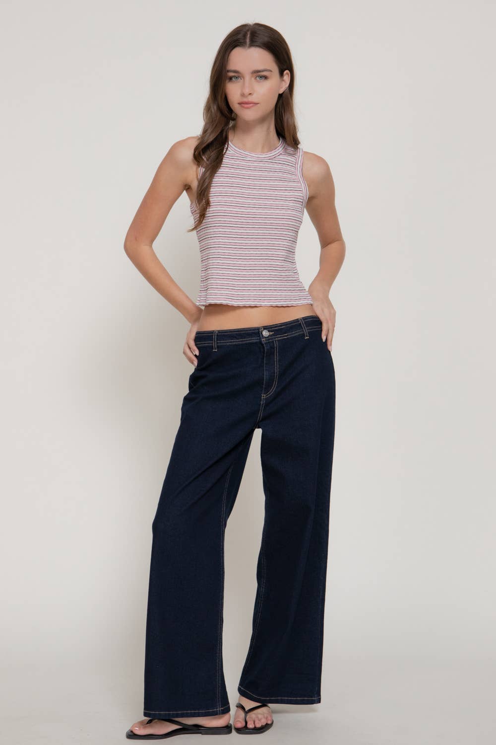 Sleeveless Crew Neck Strip Texture Knit Top
