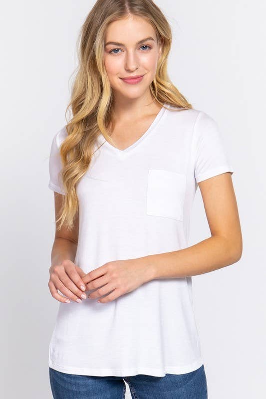 Short Sleeve V-neck Top with Pocket
