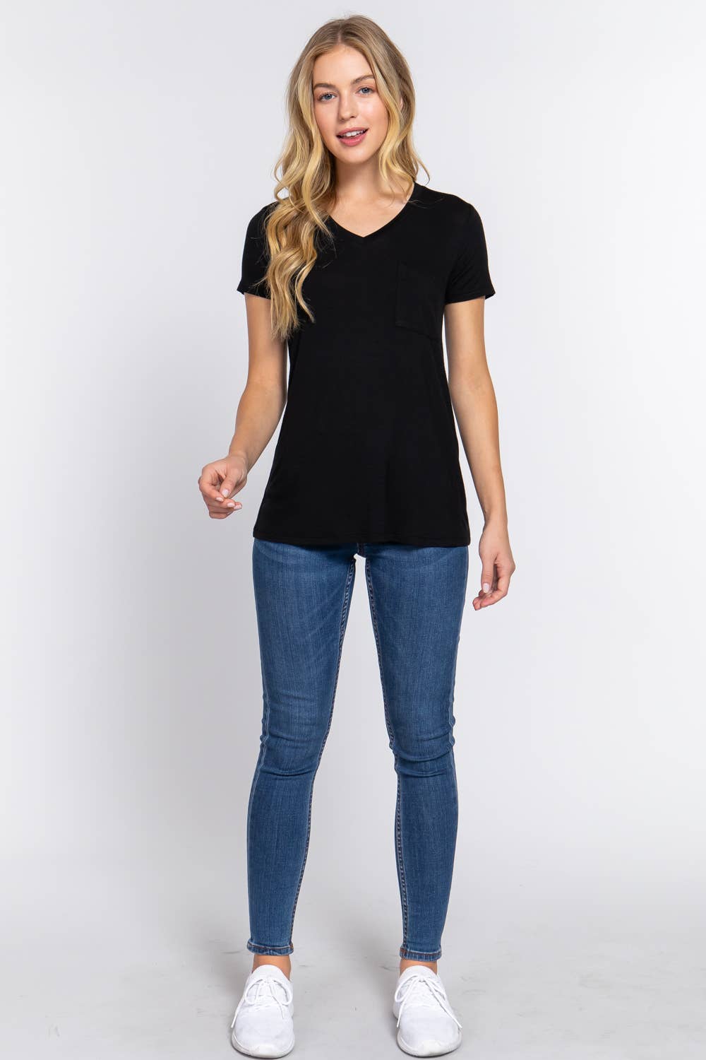 Short Sleeve V-neck Top with Pocket