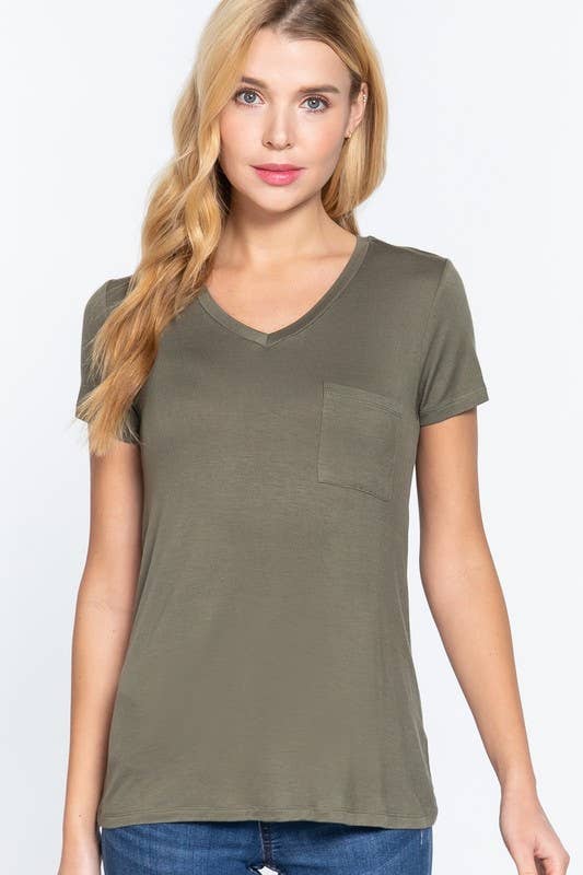 Short Sleeve V-neck Top with Pocket