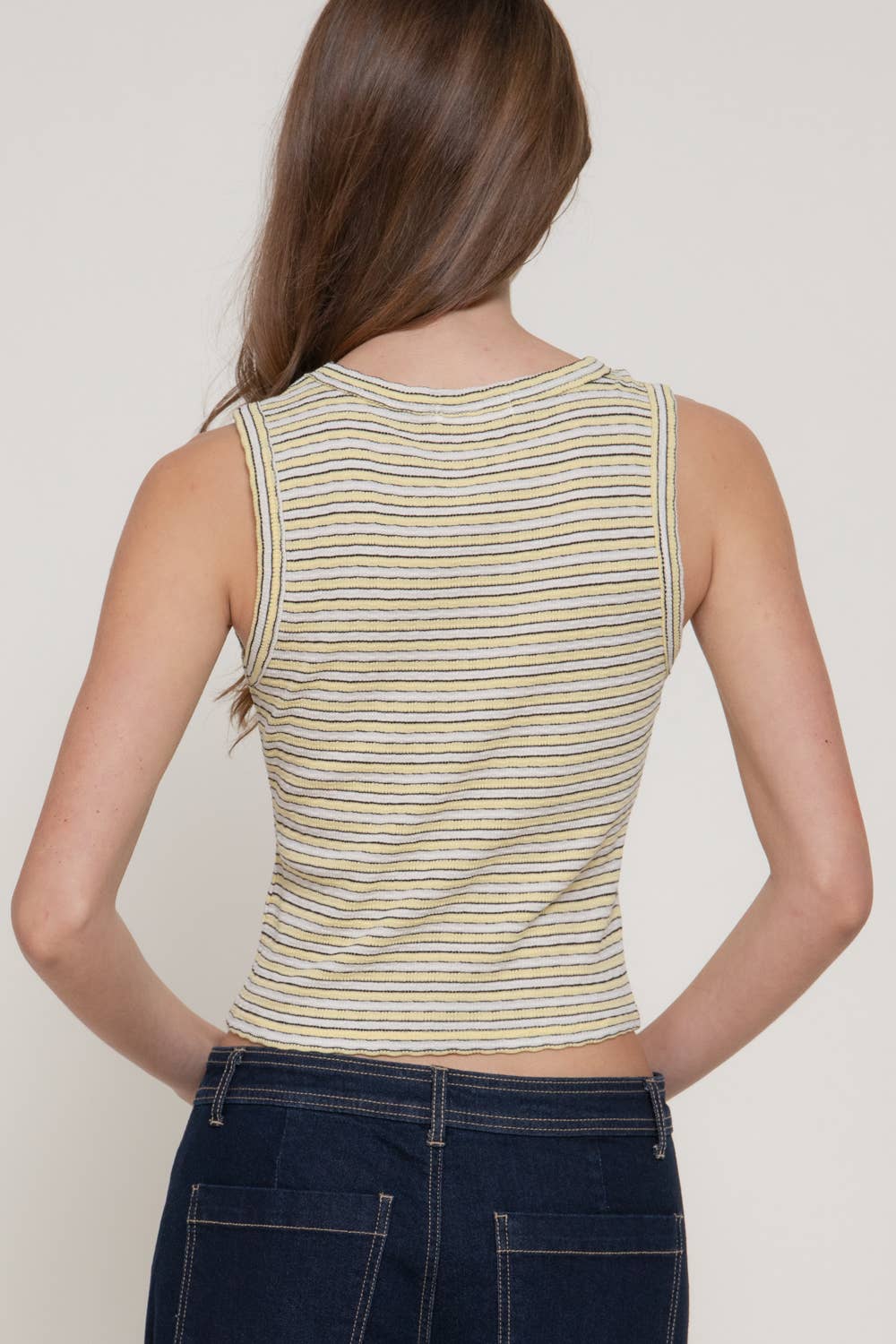Sleeveless Crew Neck Strip Texture Knit Top
