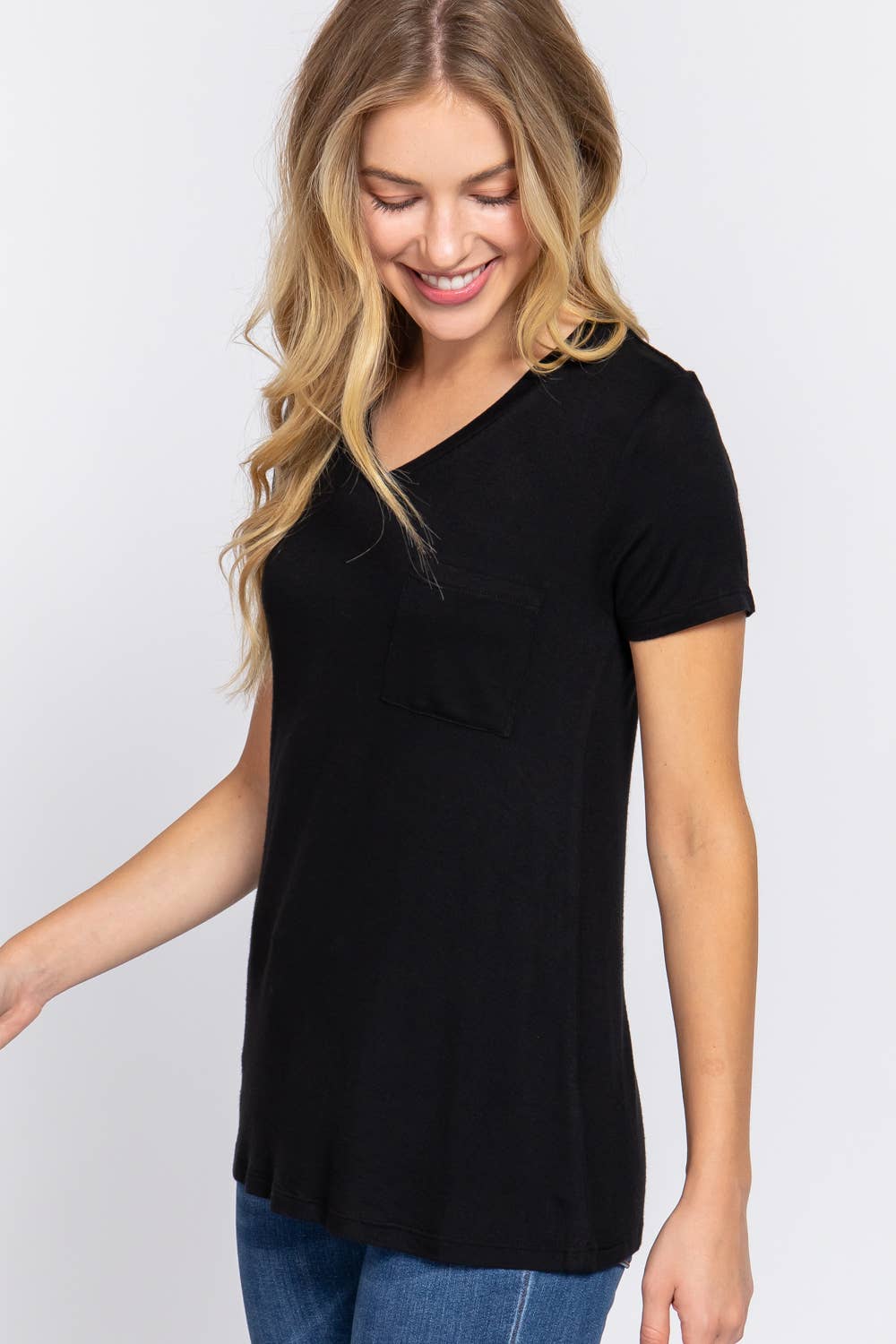 Short Sleeve V-neck Top with Pocket