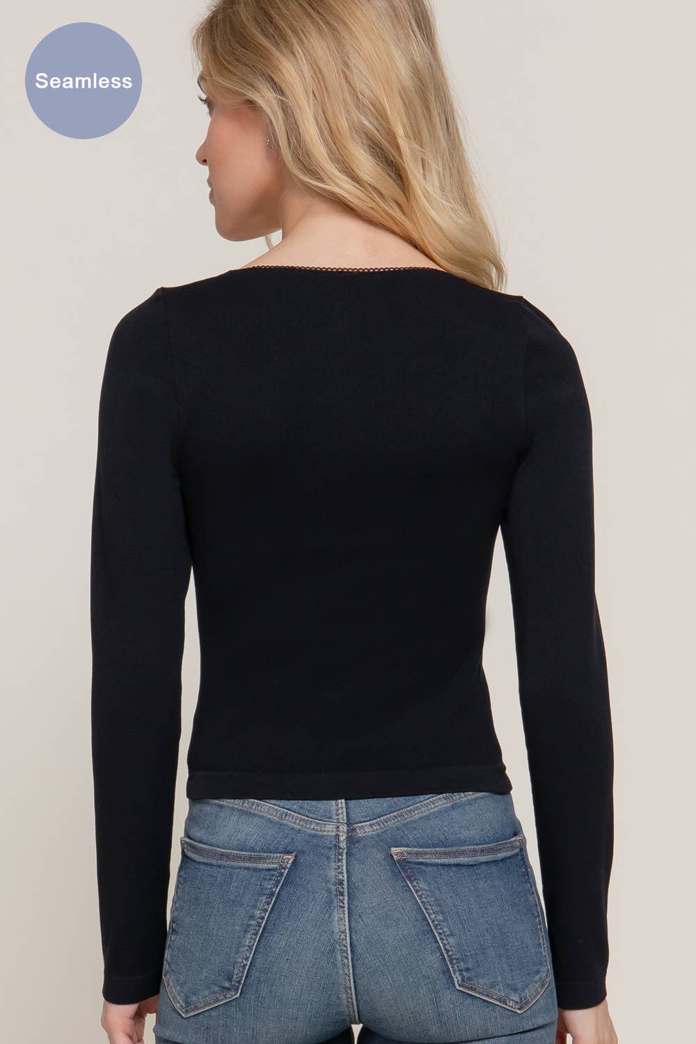 Long Sleeve Wide Round Neck with Bow Seamless Top