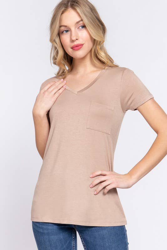 Short Sleeve V-neck Top with Pocket
