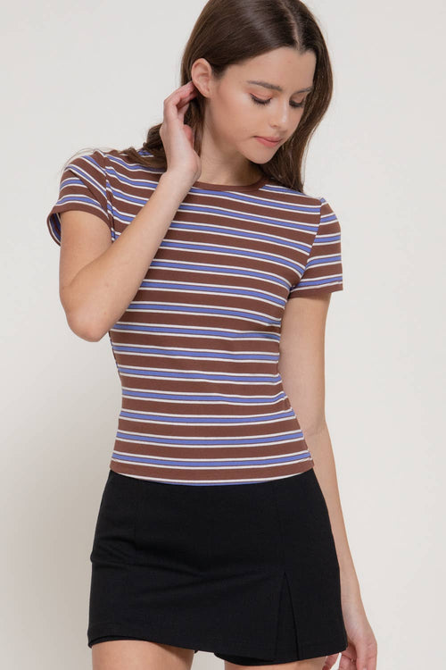 Cotton Short Sleeve Multi-Striped RIB TOP