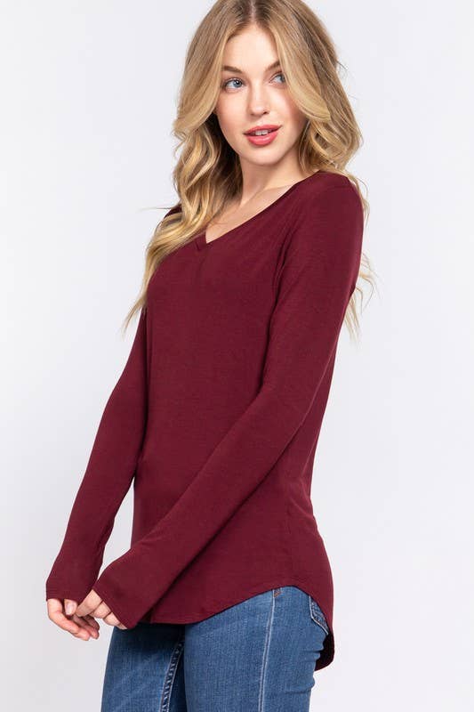 Long Sleeve V-neck Rayon Spandex Jersey Top