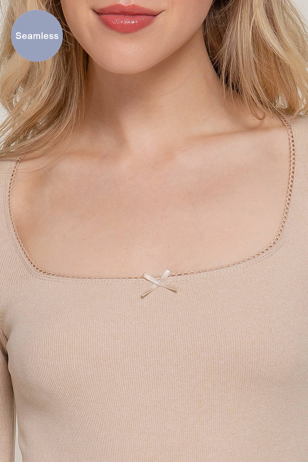 Long Sleeve Wide Round Neck with Bow Seamless Top