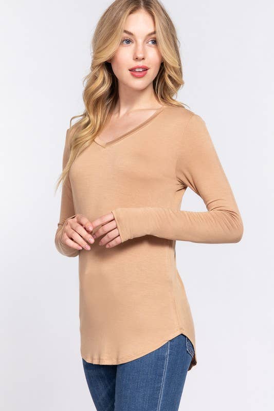 Long Sleeve V-neck Rayon Spandex Jersey Top