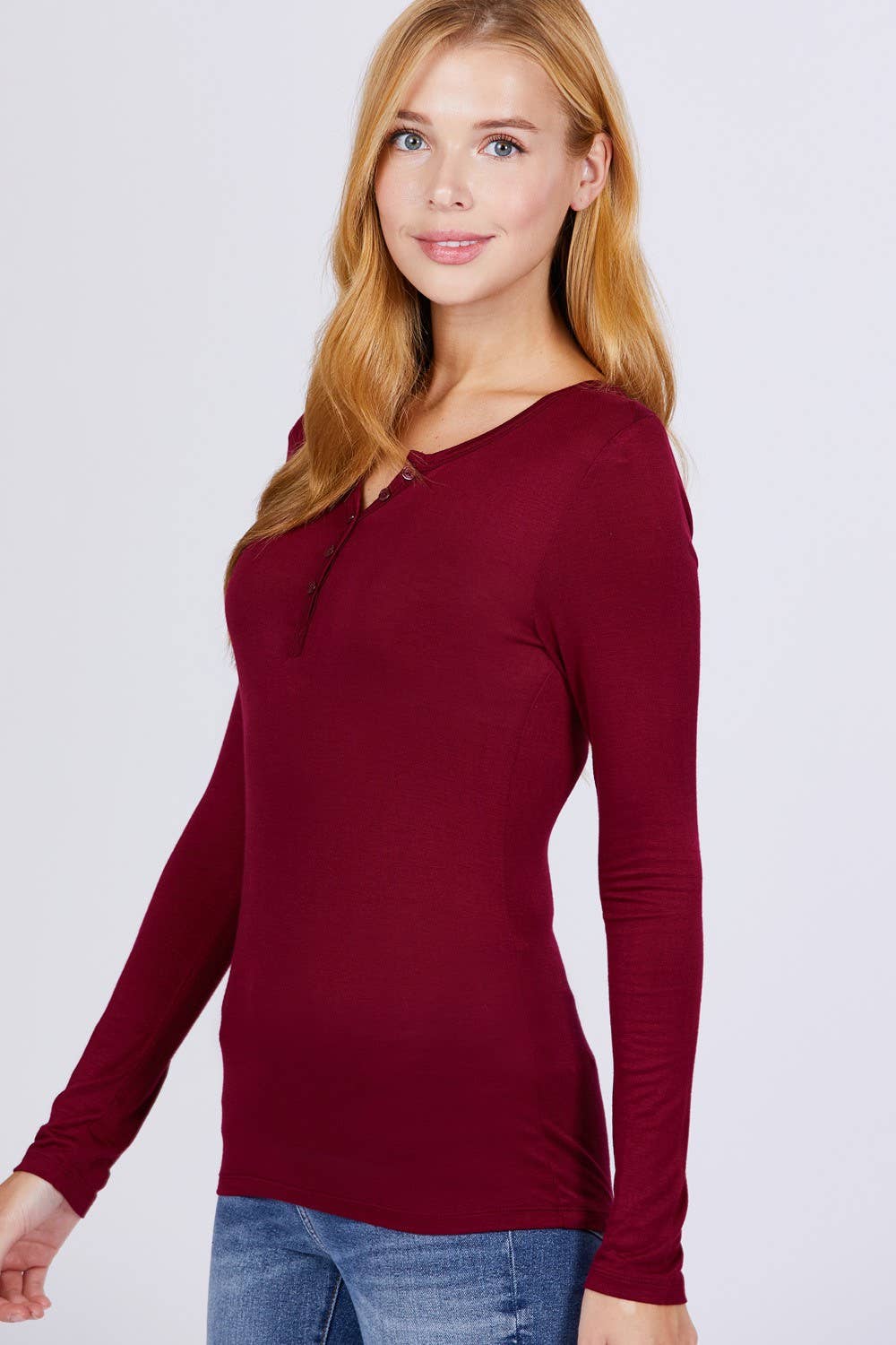Long Sleeve Button Placket Rayon Spandex Jersey Top